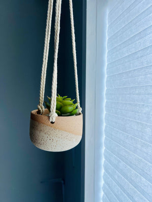 Hanging Orb Planter with Cord - White - Handmade Ceramic : Speckled sand / Large