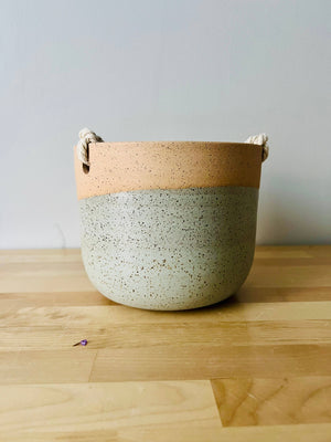 Hanging Orb Planter with Cord - White - Handmade Ceramic : Speckled sand / Large