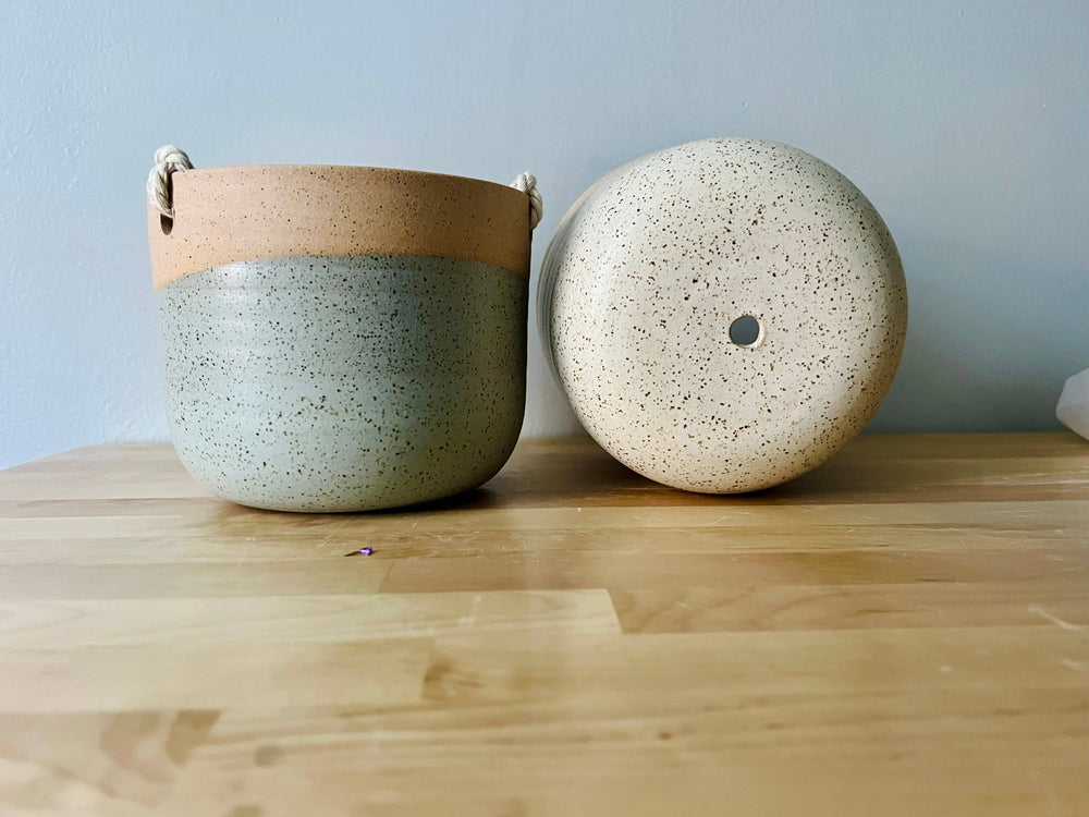 Hanging Orb Planter with Cord - White - Handmade Ceramic : Speckled sand / Large