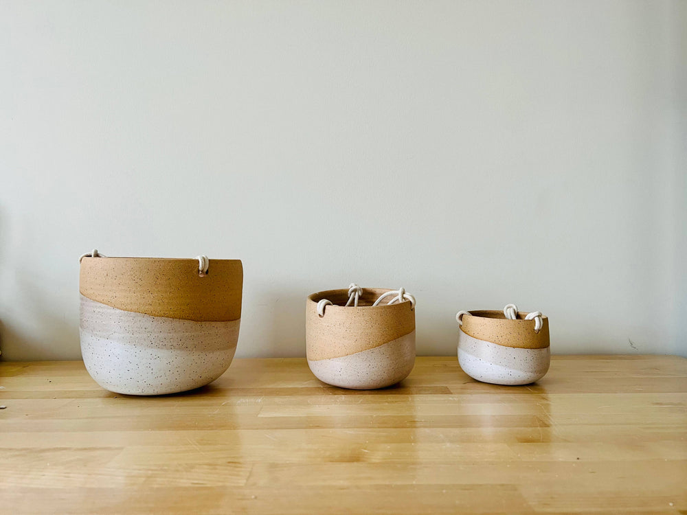 Hanging Orb Planter with Cord - White - Handmade Ceramic : Speckled sand / Large